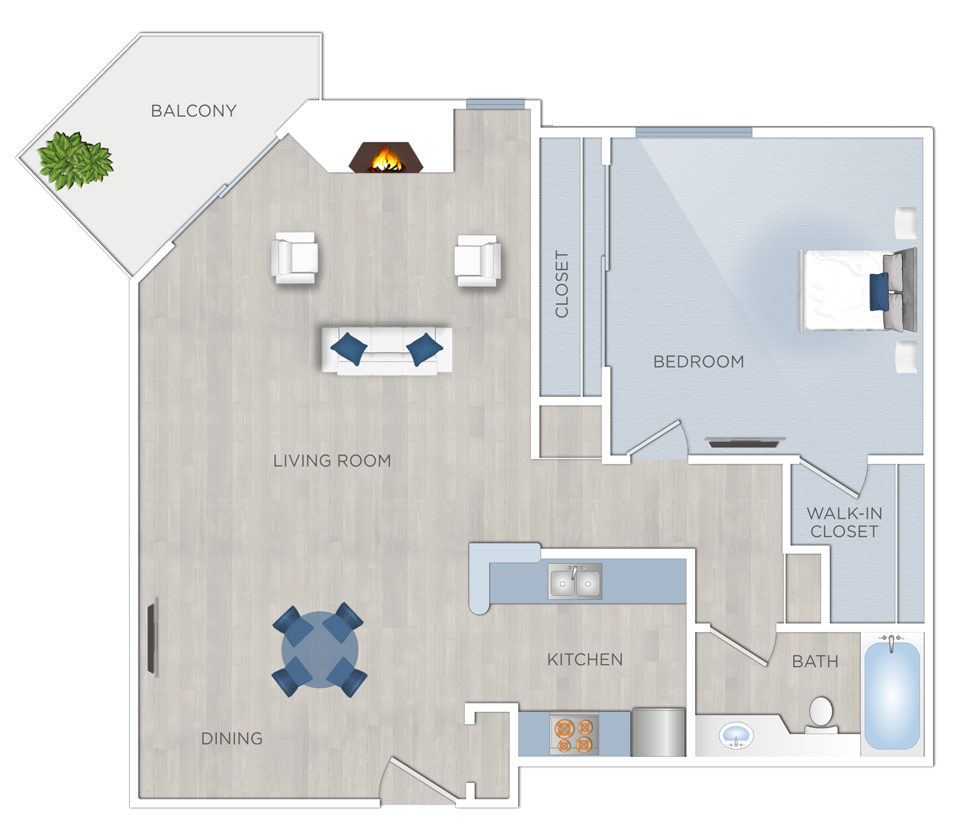 Floor plan for 1 bed, 1 bath, 776 sqft